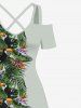 Maxi Robe Hawaïen Croisée Fleur Feuille Tropicale Imprimée à Epaule Dénudée de Grande Taille - Gris L
