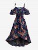Robe grande taille à imprimé fleurs d'hibiscus, bordure en dentelle, volants tressés, ourlet tulipe, épaules dénudées, coupe haute et basse - Bleu profond 2X | US 18-20