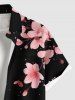 Chemise Décontractée Fleur de Pêcher Imprimé de Grande Taille avec Poche Boutonnée - Noir 5XL