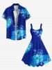 Plus Size Flower Leaf Colorblock Print Hawaii Tank Dress -  