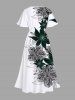 Robe Mi-Longue Linge A Rayée Fleurie Imprimée de Grande Taille avec Poche - Blanc 6X