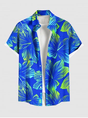 Plus Size Tropical Hibiscus Flower Print Buttons Pocket Hawaii Shirt For Men - BLUE - L