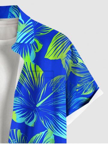 Plus Size Tropical Hibiscus Flower Print Buttons Pocket Hawaii Shirt For Men