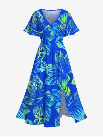 Plus Size Tropical Hibiscus Flower Print Split Hawaii Midi Dress - SKY BLUE - XS