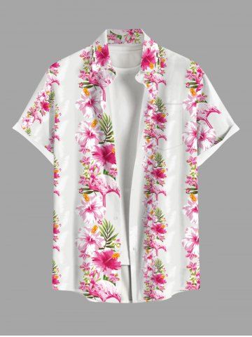 Plus Size Tropical Leaf Flowers Print Buttons Pocket Hawaii Shirt For Men - LIGHT PINK - L