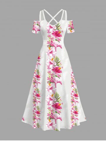 Plus Size Tropical Leaf Flowers Print Cold Shoulder Crisscross Hawaii Maxi Dress