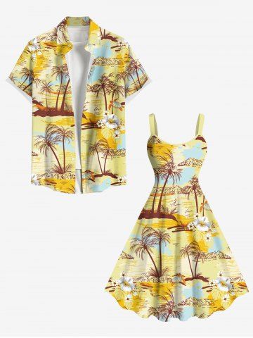 Coconut Tree Flowers Seascape Print Plus Size Matching Hawaii Beach Outfit For Couples - YELLOW