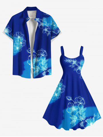 Flower Leaf Colorblock Print Plus Size Matching Hawaii Beach Outfit For Couples - BLUE