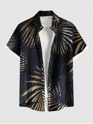 Plus Size Tropical Leaf Print Buttons Pocket Hawaii Shirt For Men - BLACK - L