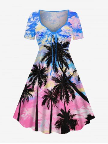 Plus Size Colorful Sky Coconut Tree Oil Painting Print Cinched Hawaii Dress - MULTI-A - XS