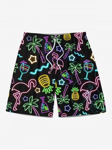 Plus Size Glitter Neon Light Coconut Tree Flamingo Pineapple Star Juice Print Hawaii Drawstring Beach Shorts For Men - BLACK - 2XL