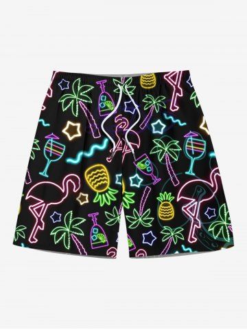 Plus Size Glitter Neon Light Coconut Tree Flamingo Pineapple Star Juice Print Hawaii Drawstring Beach Shorts For Men - BLACK - 4XL