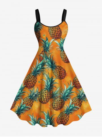 Plus Size Pineapple Print Hawaii Ombre A Line Tank Dress - ORANGE - XS