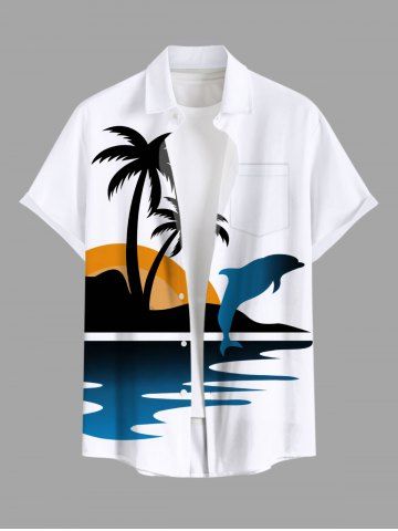 Plus Size Coconut Tree Sea Dolphin Sun Print Hawaii Button Pocket Shirt For Men - WHITE - S