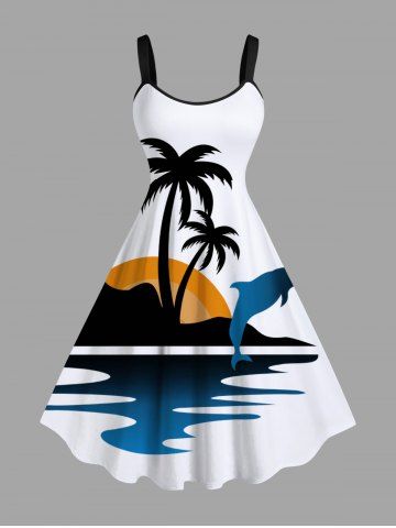 Plus Size Coconut Tree Sea Dolphin Sun Print Hawaii A Line Tank Dress - WHITE - 6X