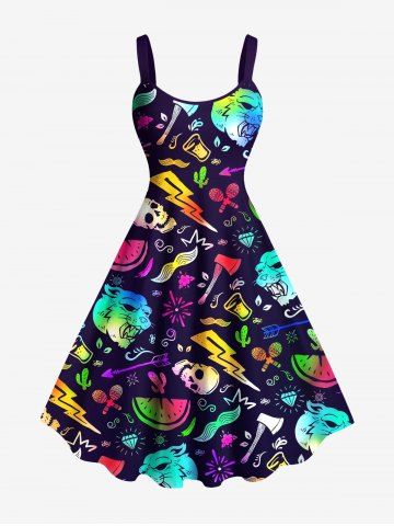 Plus Size Colorful Ombre Monster Skull Watermelon Lightning Cactus Print Hawaii A Line Tank Dress - BLUE - XS