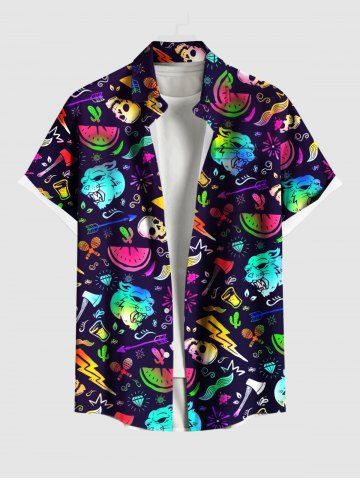 Plus Size Colorful Ombre Monster Skull Watermelon Lightning Cactus Print Hawaii Button Pocket Shirt For Men - BLACK - 4XL