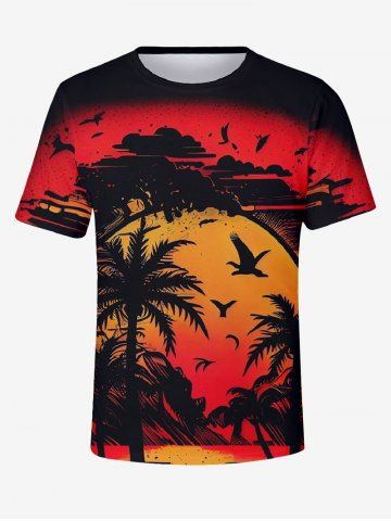 Plus Size Coconut Tree Ombre Sunset Bird Cloud Print Hawaii T-shirt For Men - BLACK - 4XL