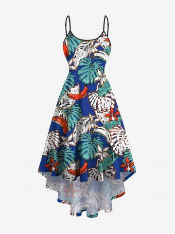 Plus Size Tropical Leaves Floral Banana Print Hawaii High Low Asymmetric Cami Dress - BLUE - 6X