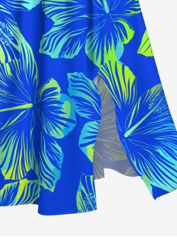 Plus Size Tropical Hibiscus Flower Print Split Hawaii Midi Dress