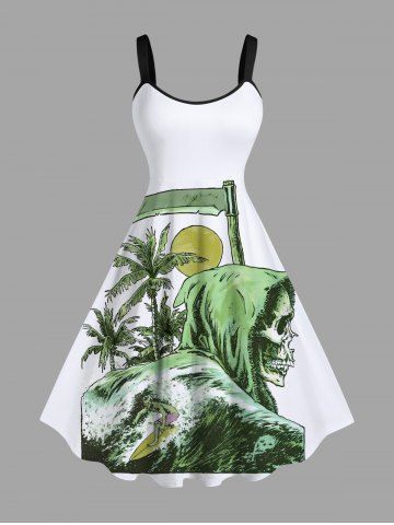 Plus Size Skull Sea Wave Surfer Coconut Tree Sun Scythe Print Hawaii A Line Tank Dress
