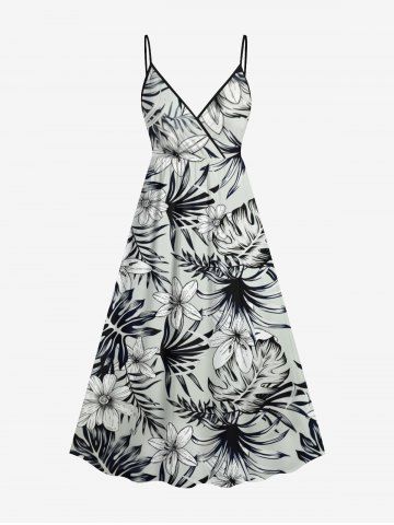 Plus Size Tropical Leaf Flower Print Surplice Hawaii Cami Dress - LIGHT GRAY - 1X