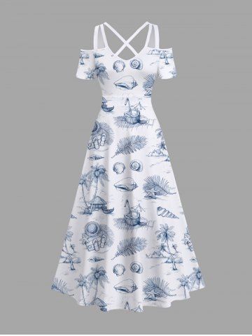 Plus Size Tropical Leaf Starfish Conch Coconut Tree Hand Paint Print Cold Shoulder Crisscross Hawaii Maxi Dress - WHITE - XS