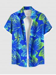 Plus Size Tropical Hibiscus Flower Print Buttons Pocket Hawaii Shirt For Men -  