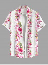 Plus Size Tropical Leaf Flowers Print Buttons Pocket Hawaii Shirt For Men -  