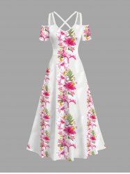 Plus Size Tropical Leaf Flowers Print Cold Shoulder Crisscross Hawaii Maxi Dress -  