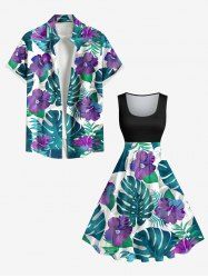 Tropical Leaf Flower Print Plus Size Matching Hawaii Beach Outfit For Couples -  