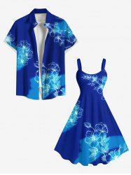Tenue de Plage Contrastante Imprimé Feuilles et Fleurs Grande Taille pour Couples - Bleu 
