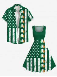 St. Patrick's Day Clover Leaf Patriotic American Flag Print Plus Size Matching Outfit For Couples -  