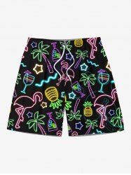 Plus Size Glitter Neon Light Coconut Tree Flamingo Pineapple Star Juice Print Hawaii Drawstring Beach Shorts For Men -  