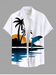 Chemise Hawaïenne Boutonnée Imprimé Cocotier et Coucher de Soleil avec Poche Grande Taille pour Homme - Blanc S