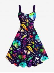 Plus Size Colorful Ombre Monster Skull Watermelon Lightning Cactus Print Hawaii A Line Tank Dress - Bleu 1X