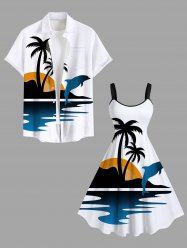 Short de Plage Grande Taille Imprimé Dauphin et Cocotier Derrière la Mer - Blanc 