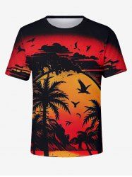 T-Shirt Hawaïen à Imprimé Cocotiers Oiseaux et Coucher de Soleil Grande-Taille pour Hommes - Noir XL