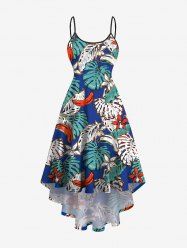 Robe Asymétrique à Bretelle Haute Basse Feuille Tropicale Imprimée de Grande Taille - Bleu S