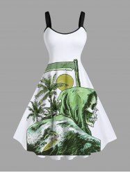 Robe Pin-Up Imprimée Cocotier et Crâne Grande Taille Style Hawaiien - Blanc 2X