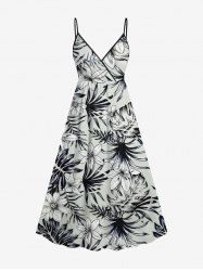 Plus Size Tropical Leaf Flower Print Surplice Hawaii Cami Dress -  