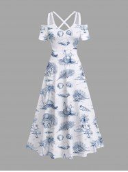 Plus Size Tropical Leaf Starfish Conch Coconut Tree Hand Paint Print Cold Shoulder Crisscross Hawaii Maxi Dress -  