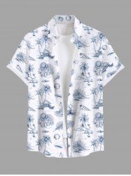 Plus Size Tropical Leaf Starfish Conch Coconut Tree Hand Paint Print Buttons Pocket Hawaii Shirt For Men -  