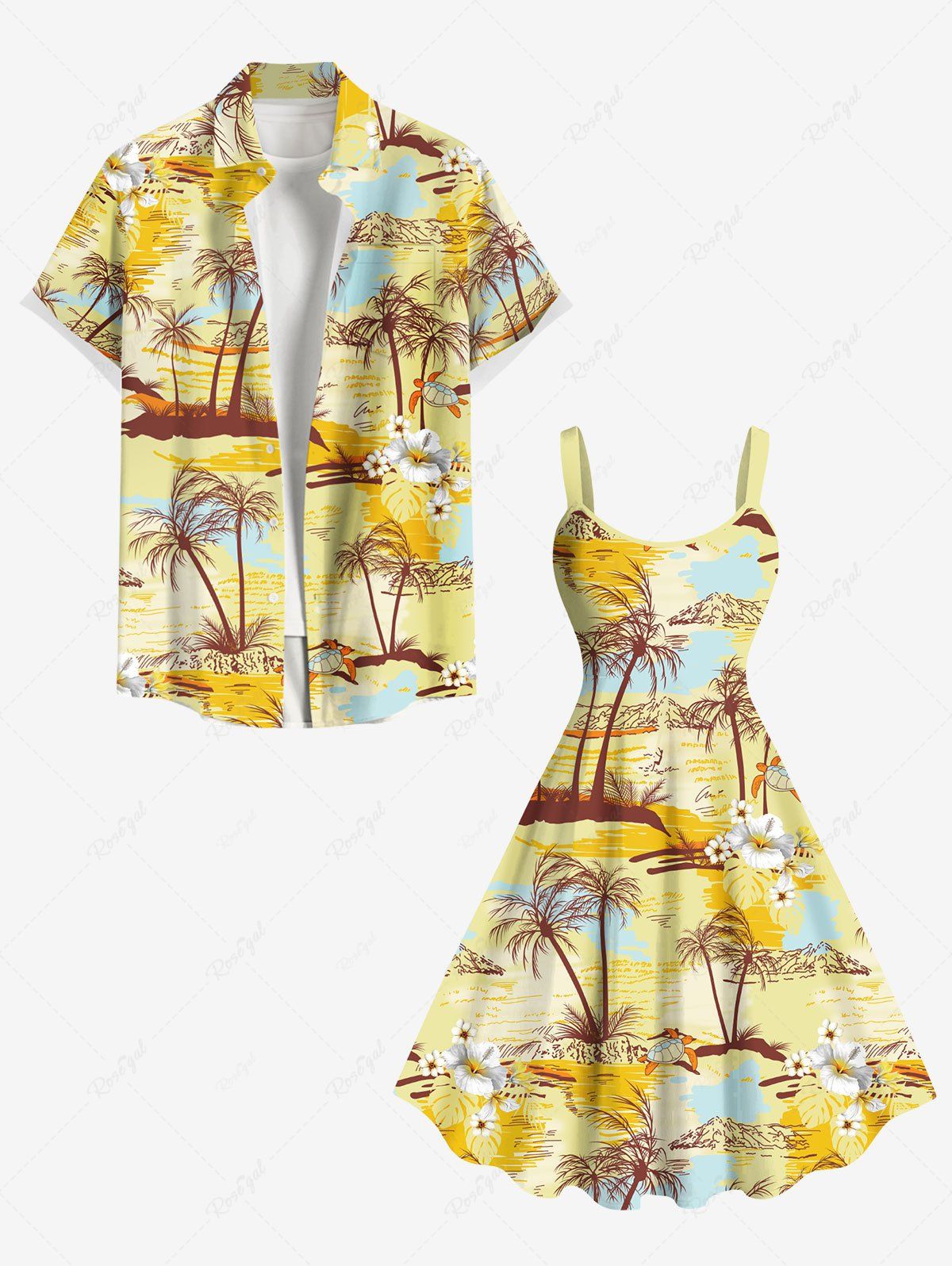 Fashion Coconut Tree Flowers Seascape Print Plus Size Matching Hawaii Beach Outfit For Couples  