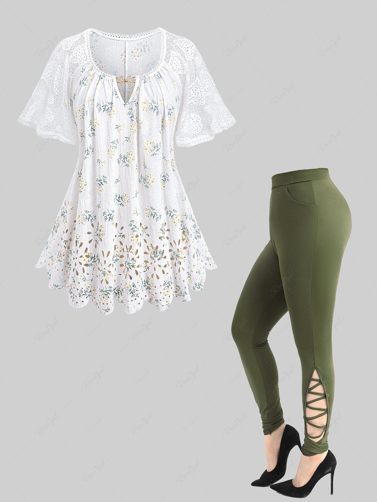 Fashion Floral Print Laser Cut Scalloped Top and Hollow Out Crisscross Side Leggings Plus Size Outfit  