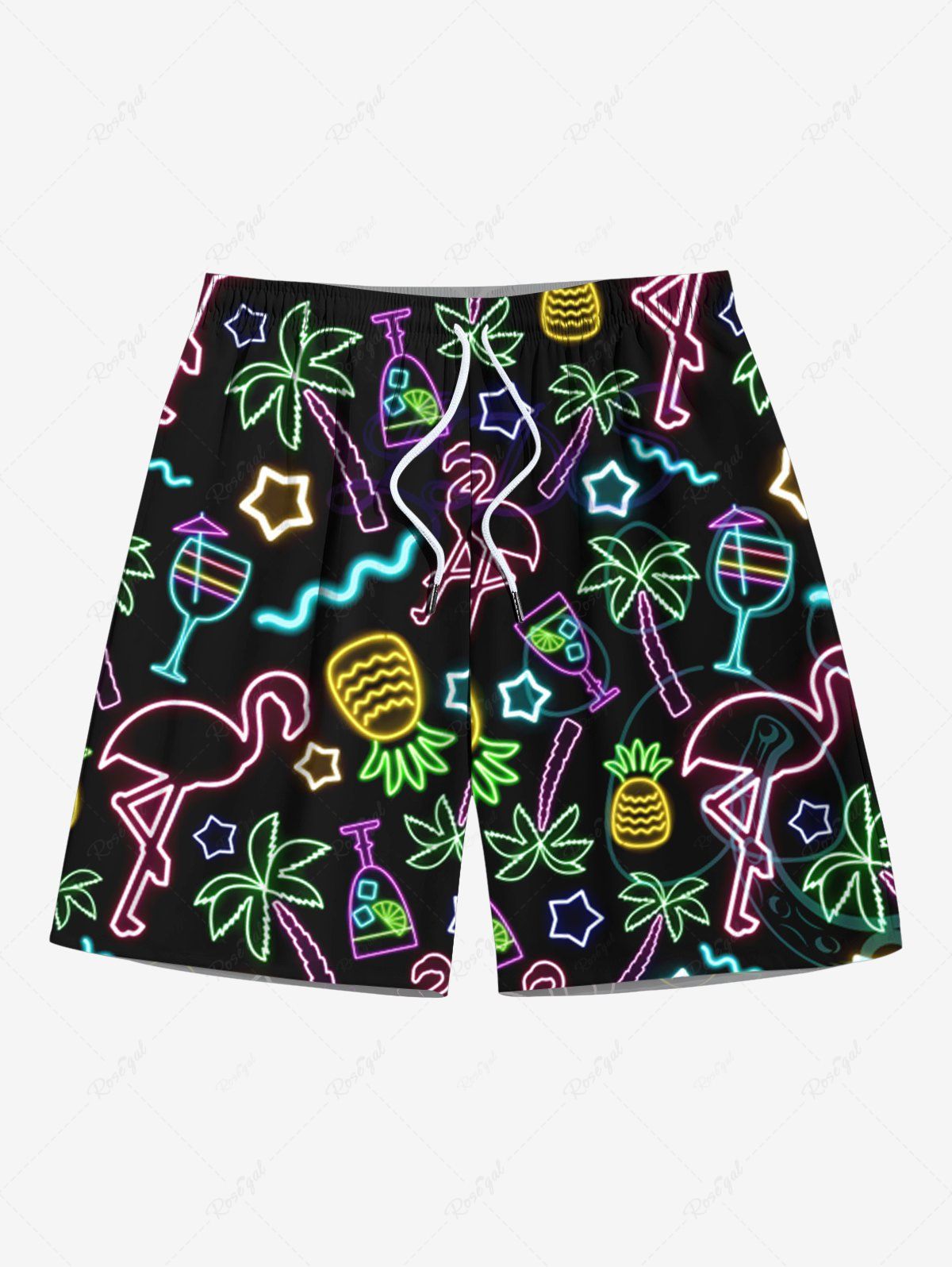 Discount Plus Size Glitter Neon Light Coconut Tree Flamingo Pineapple Star Juice Print Hawaii Drawstring Beach Shorts For Men  