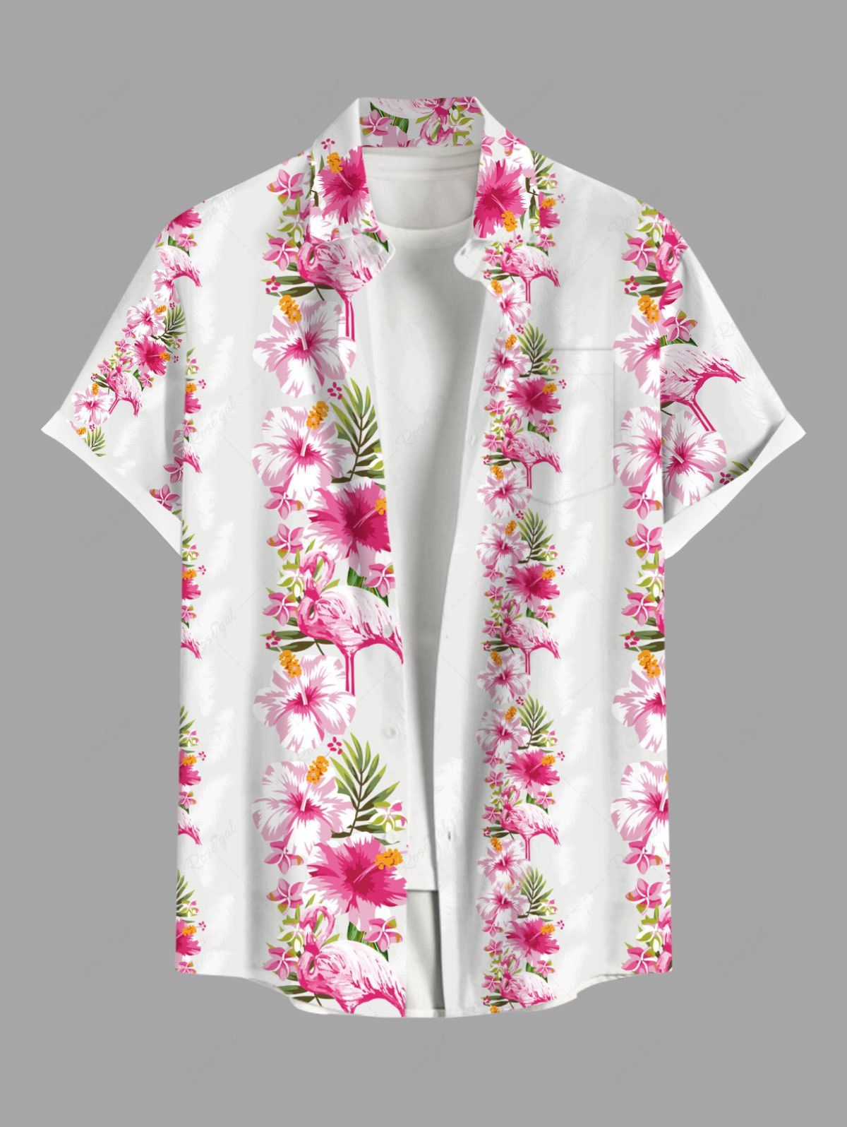 Hot Plus Size Tropical Leaf Flowers Print Buttons Pocket Hawaii Shirt For Men  