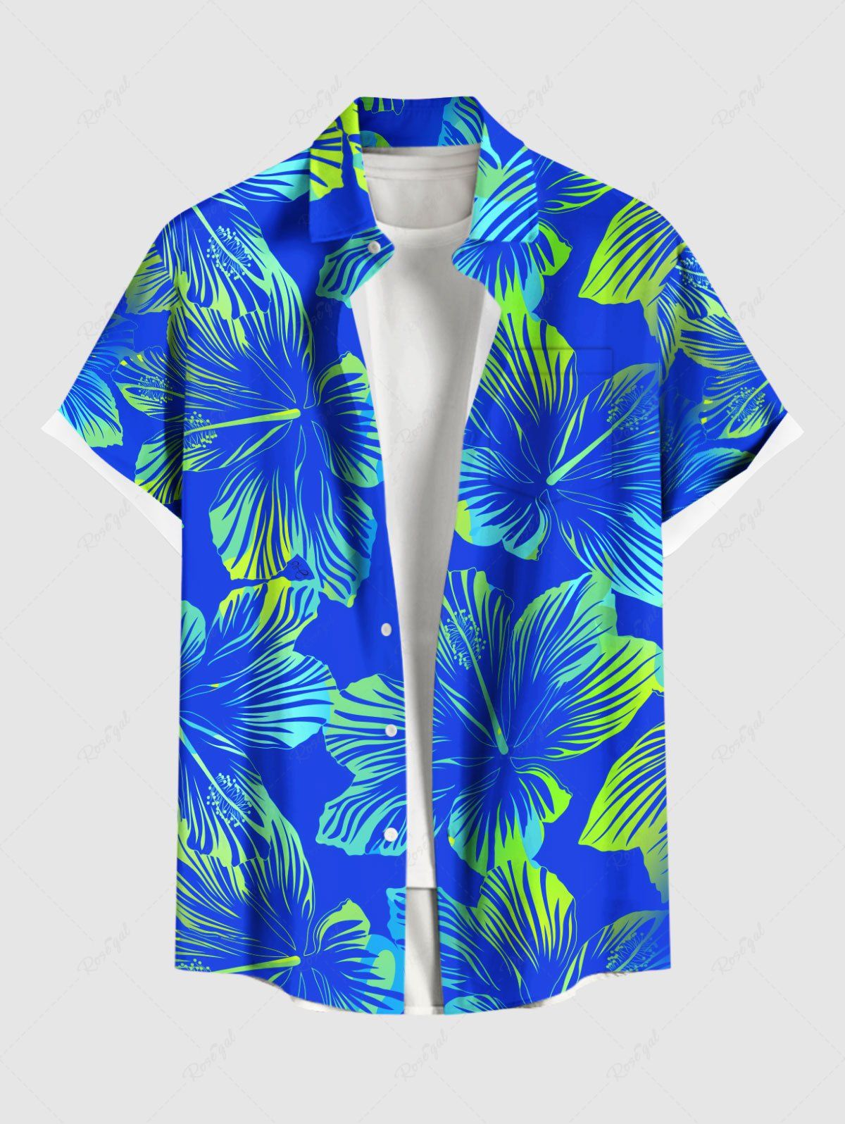 Hot Plus Size Tropical Hibiscus Flower Print Buttons Pocket Hawaii Shirt For Men  