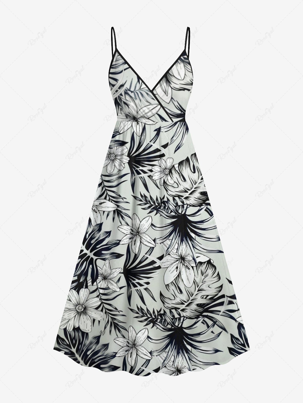 Fancy Plus Size Tropical Leaf Flower Print Surplice Hawaii Cami Dress  