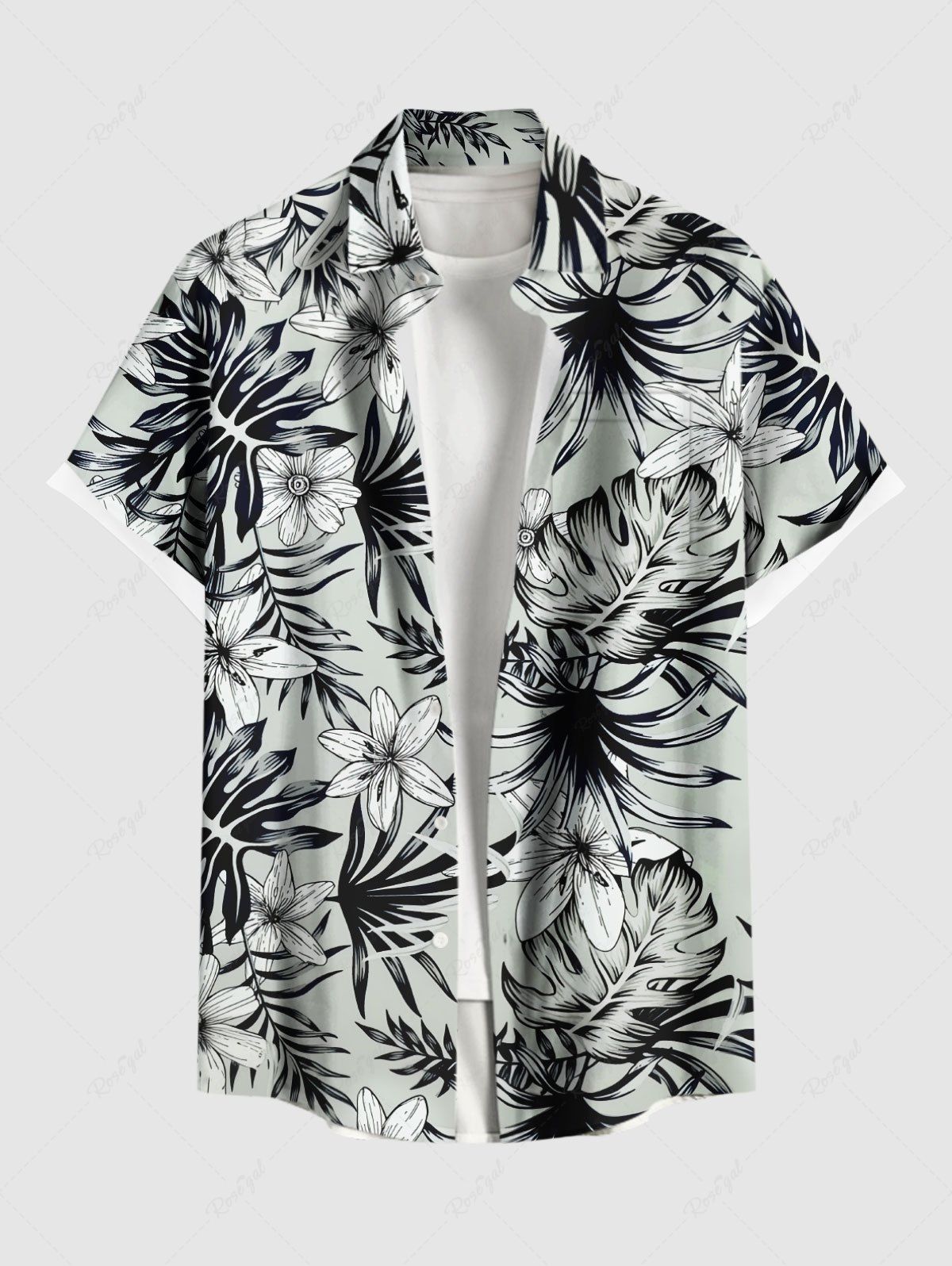 Affordable Plus Size Tropical Leaf Flower Print Buttons Pocket Hawaii Shirt For Men  